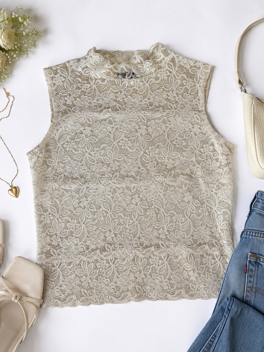 Pretika Lace Mock Neck Sleeveless Top – Cream Floral Lace Y2K Romantic Blouse